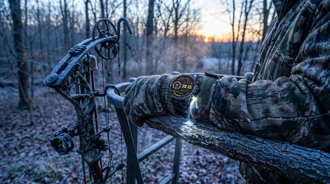 Hunter's wrist resting on a tree-stand rail before dawn, wearing a Horonix Expedition X2 with its LED flashlight lit