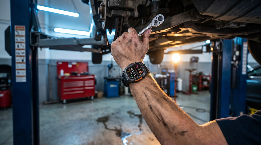 Mechanic under a lift wearing a Horonix Raptor X5, square black case with orange side buttons, reaching up to a suspension component
