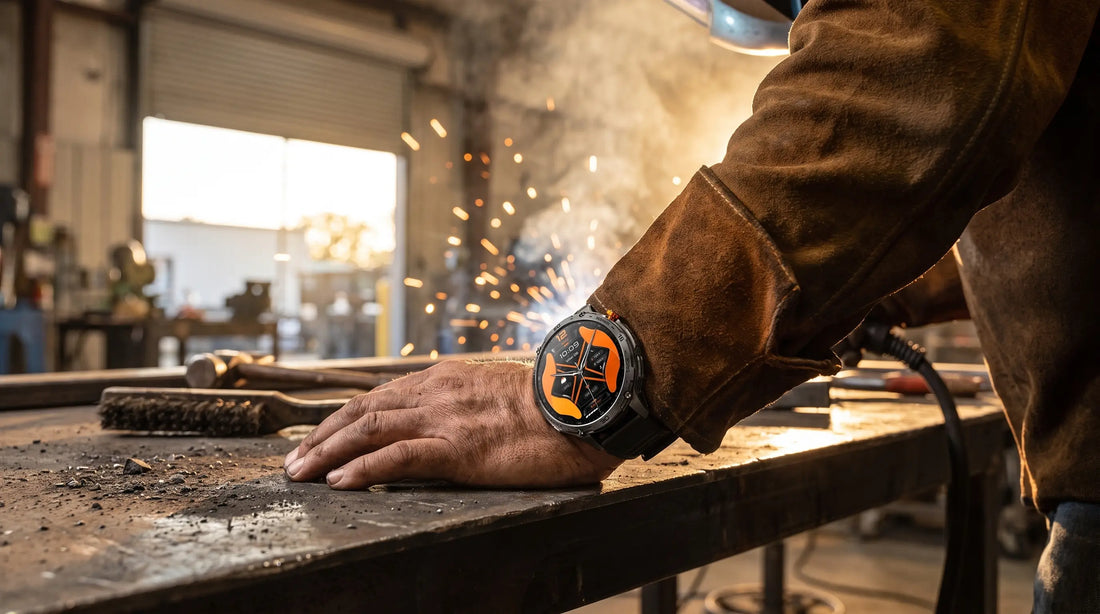 Welder's forearm on a steel workbench wearing a Horonix Pathfinder Ultra, round black case with an orange face, welding sparks in the background
